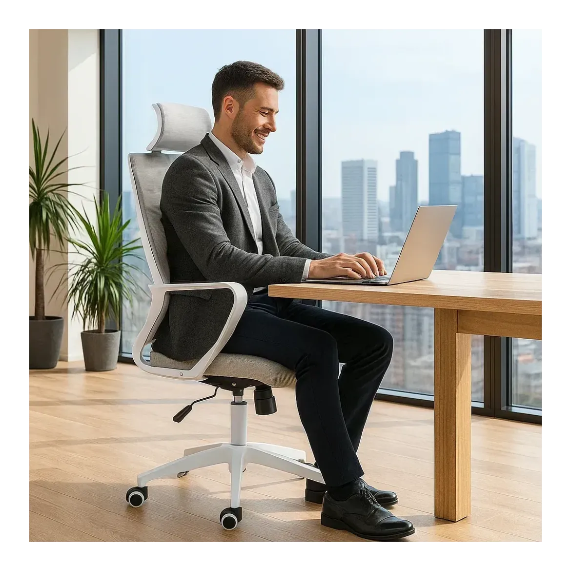 Poltrona Ufficio Ergonomica Bianco con Rete Traspirante e Poggiatesta