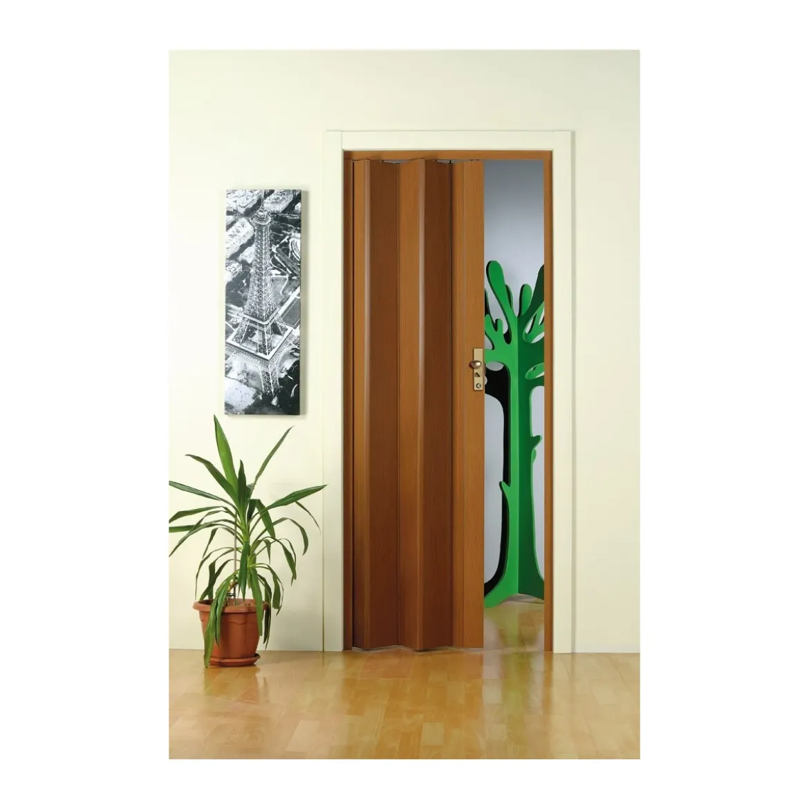 Porta a Soffietto in PVC 83x214 Su Misura Legno Maniglia Serratura Riducibile