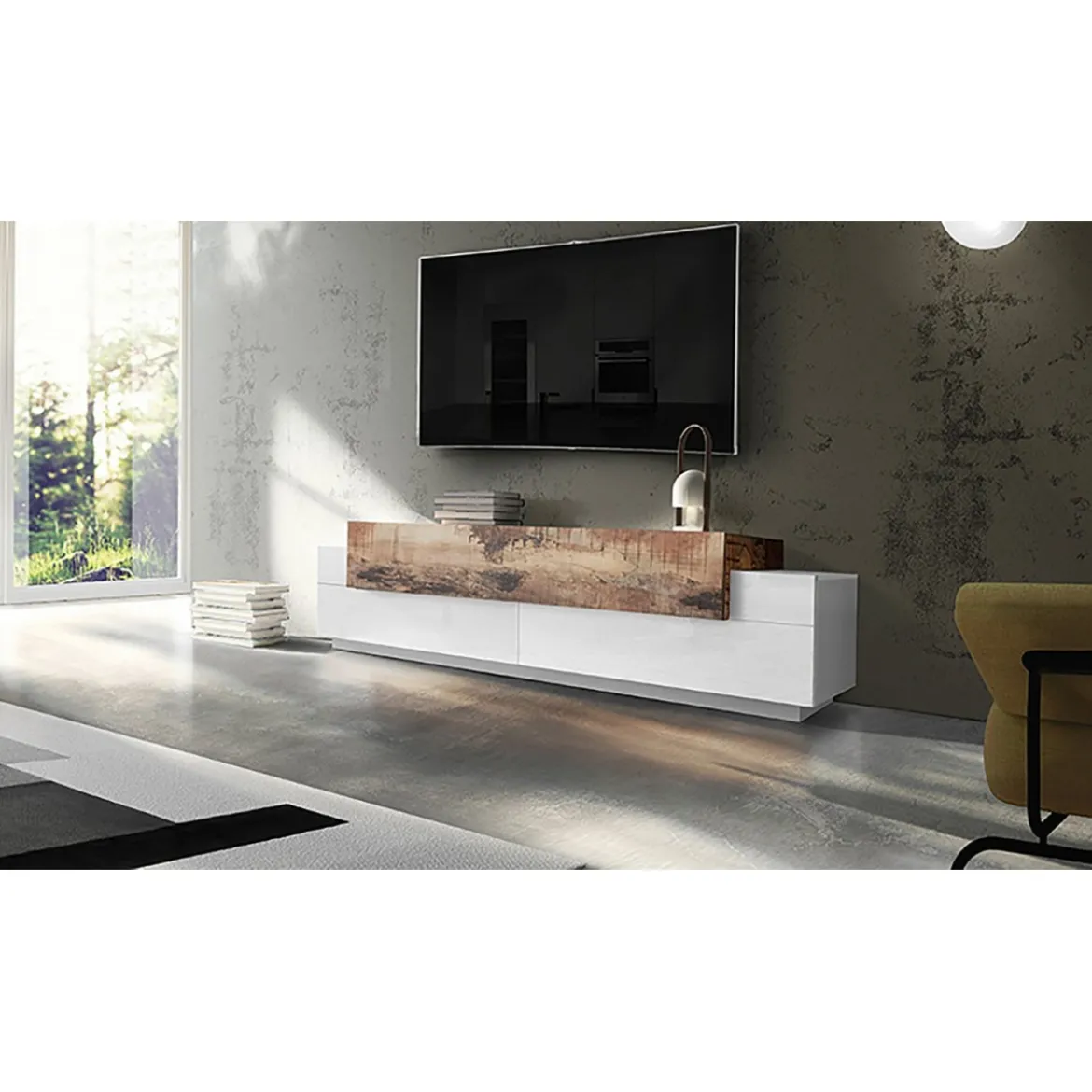 Porta TV Bianco Acero Credenza con Ante a Ribalta 200 Basso Soggiorno
