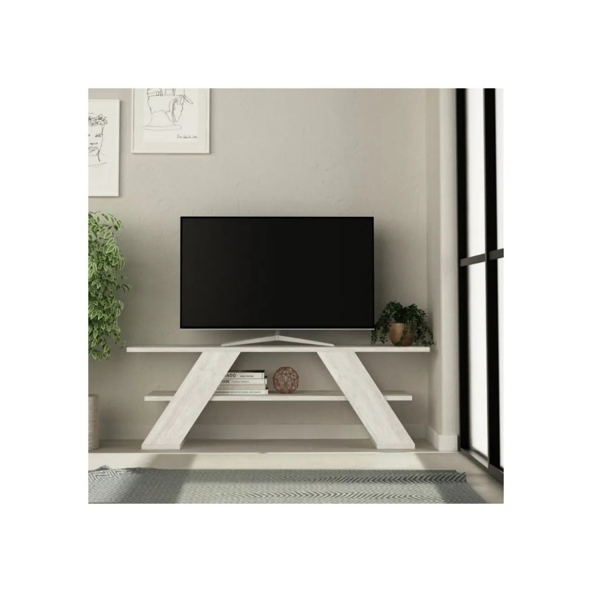 Porta TV da Salotto Mobile Basso in Legno con Ripiani Bianco Vintage Salvaspazio