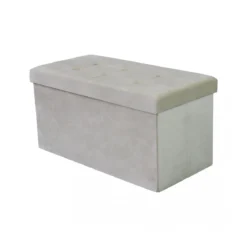 Pouf Contenitore Poggiapiedi in Velluto Beige Rettangolare 76x38 cm