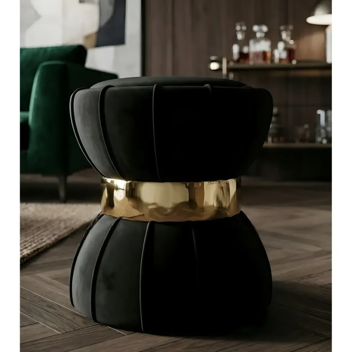 Pouf Imbottito in Velluto Nero Oro da Soggiorno Camera da Letto