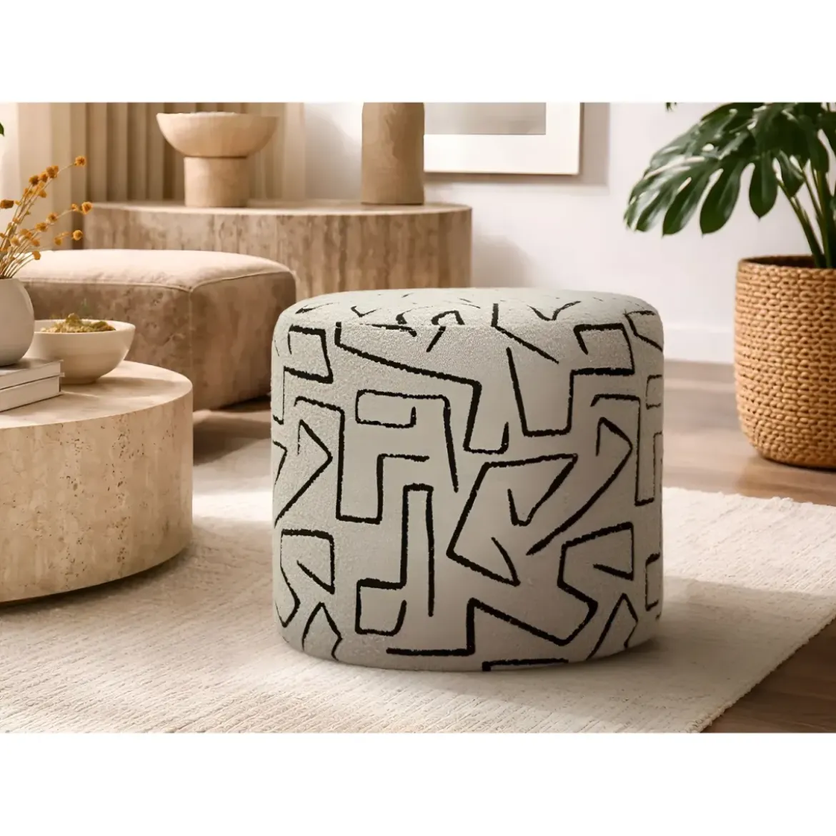 Pouf in Spugna Beige Nero Design Astratto da Soggiorno Camera da Letto
