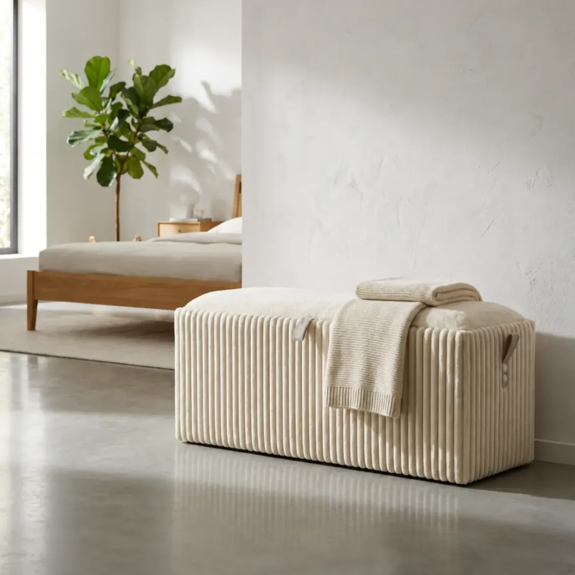 Pouf Panca Contenitore Bianco Imbottito Mdf Poliestere Camera da Letto