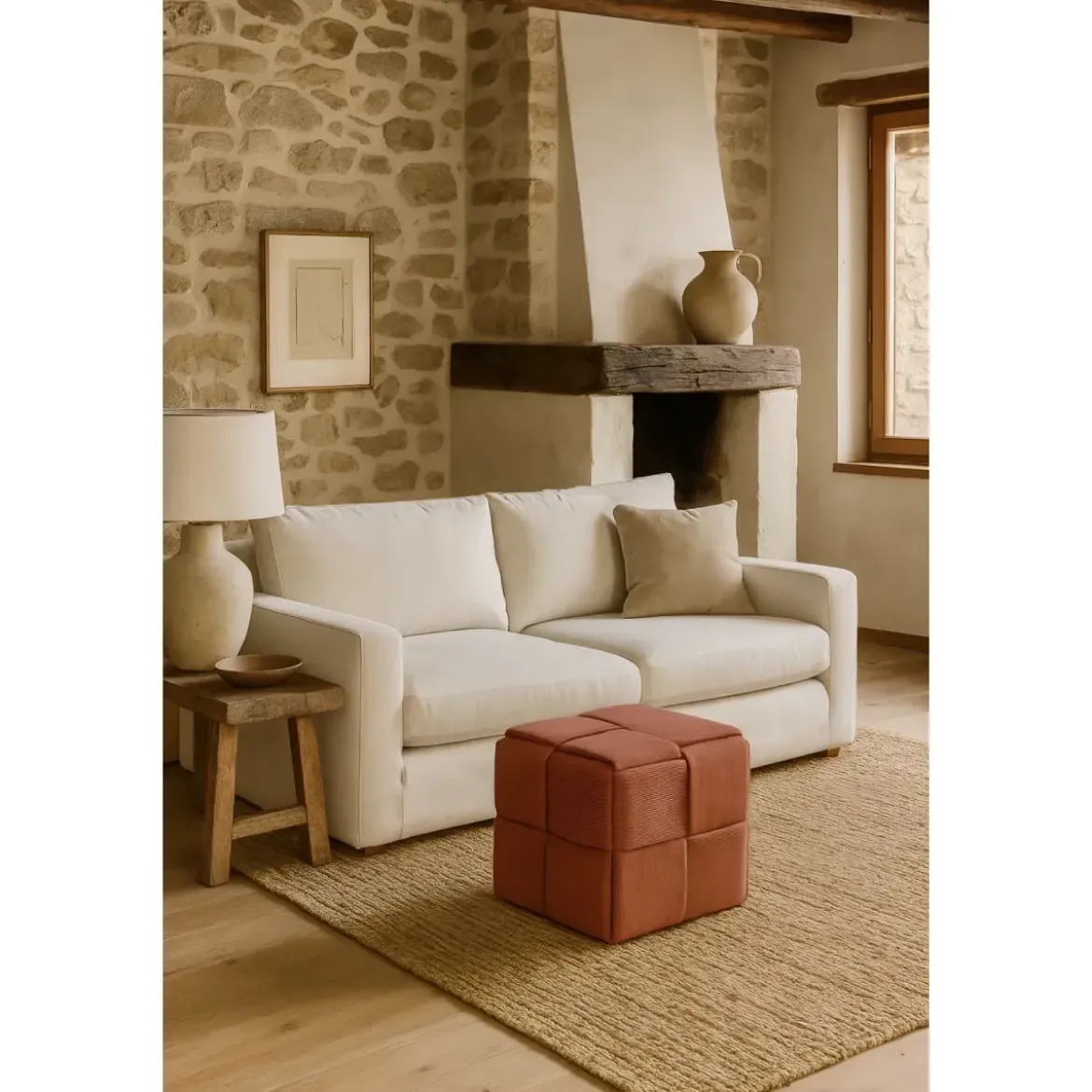 Pouf Quadrato 39x39x39 cm in Tessuto Effetto Intrecciato Mattone