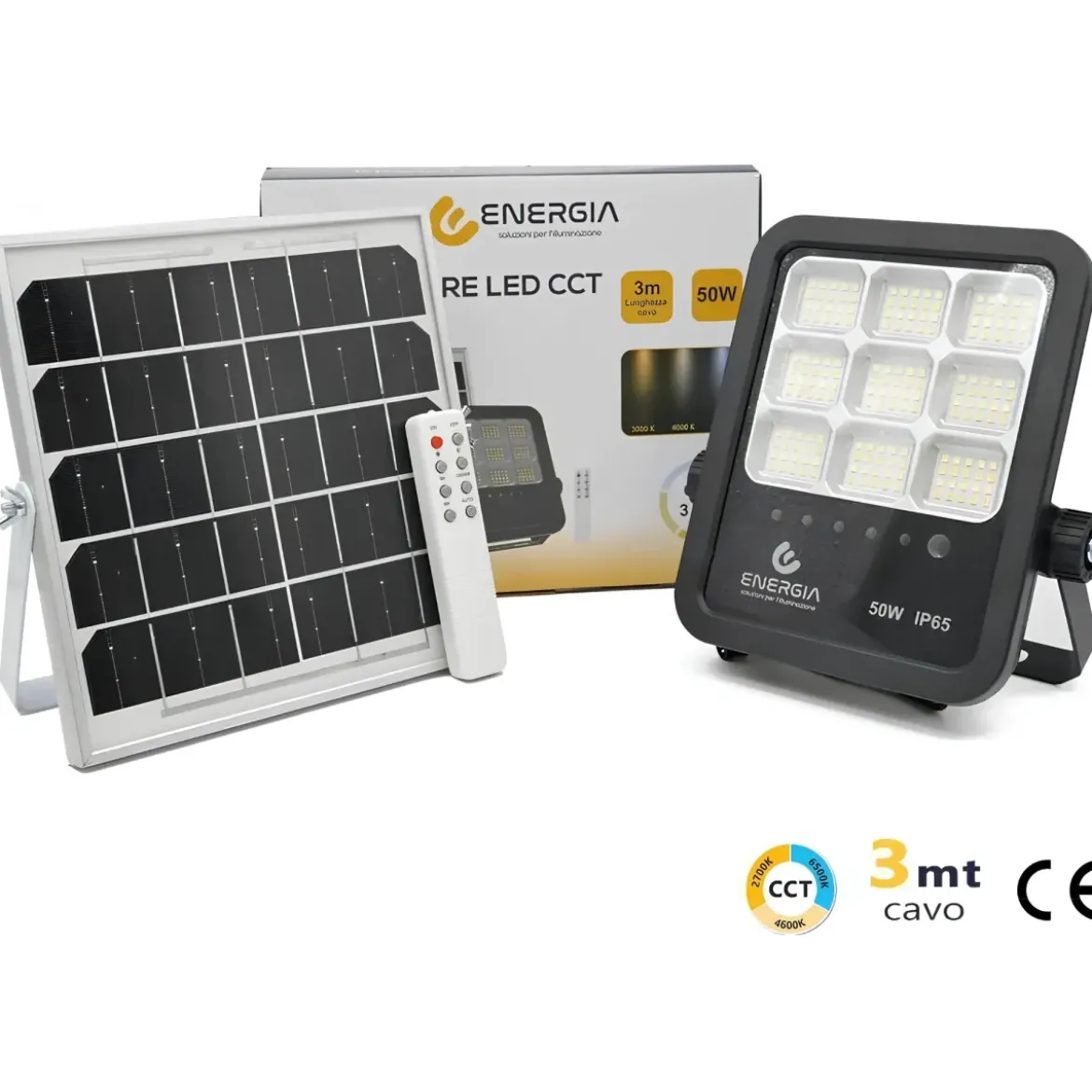Proiettore Solare 50W 550lm CCT con Pannello Telecomando da Esterni