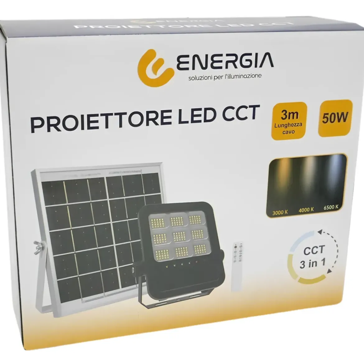 Proiettore Solare 50W 550lm CCT con Pannello Telecomando da Esterni