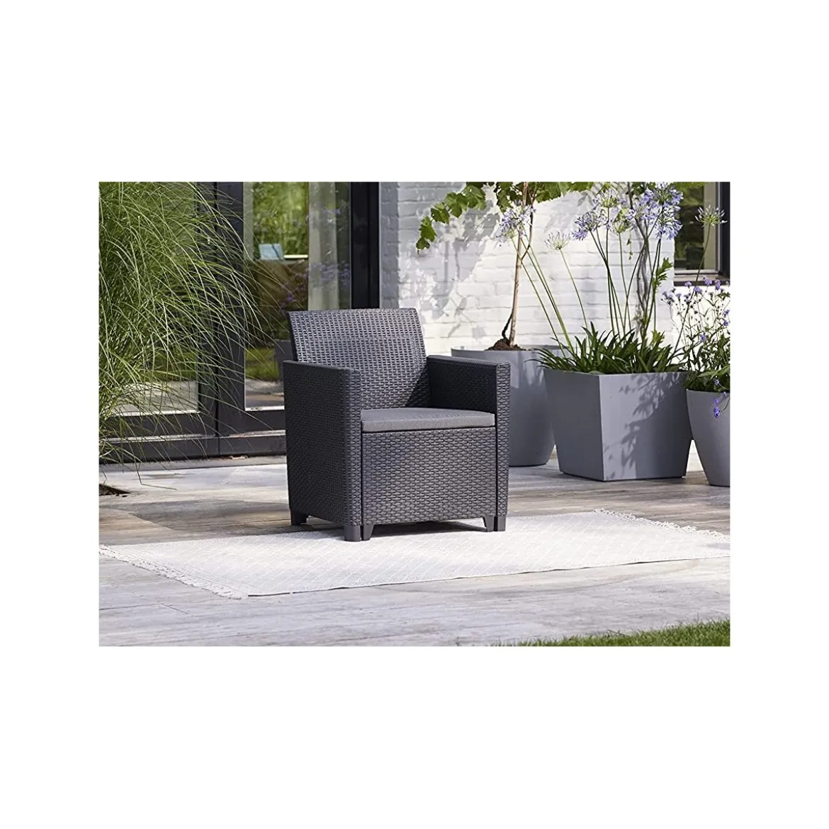 Salottino da Esterno 2 Poltrone Tavolo Contenitore Grafite Effetto Legno