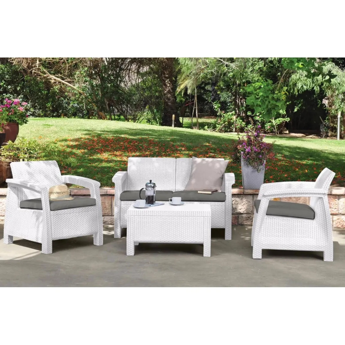 Salotto da Esterno Bianco Effetto Rattan Salottino Divano 2 Poltrone