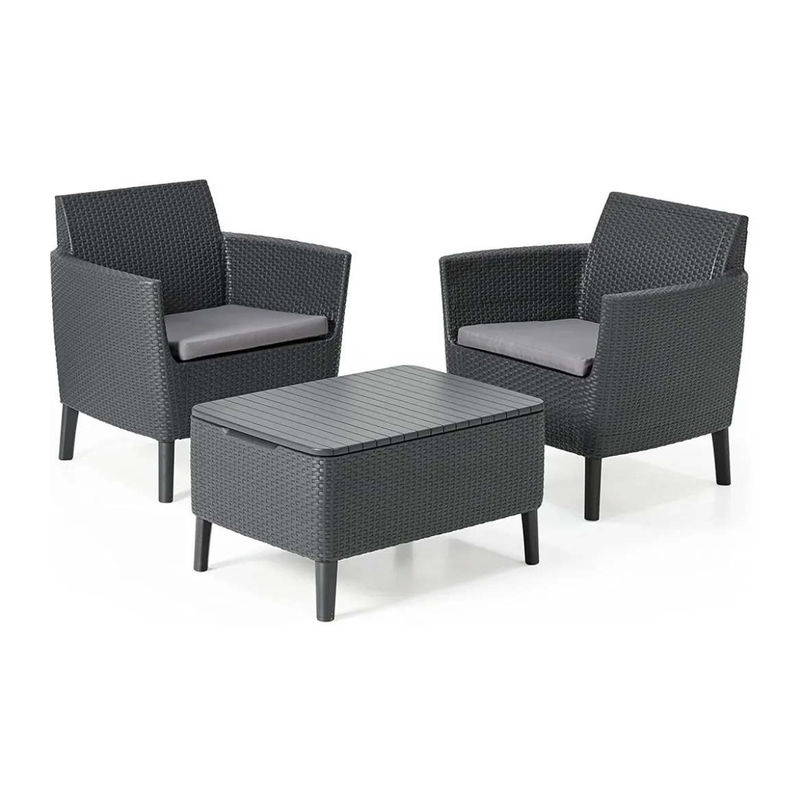 Salotto da Esterno 2 Posti in Resina con Tavolo Contenitore Effetto Legno