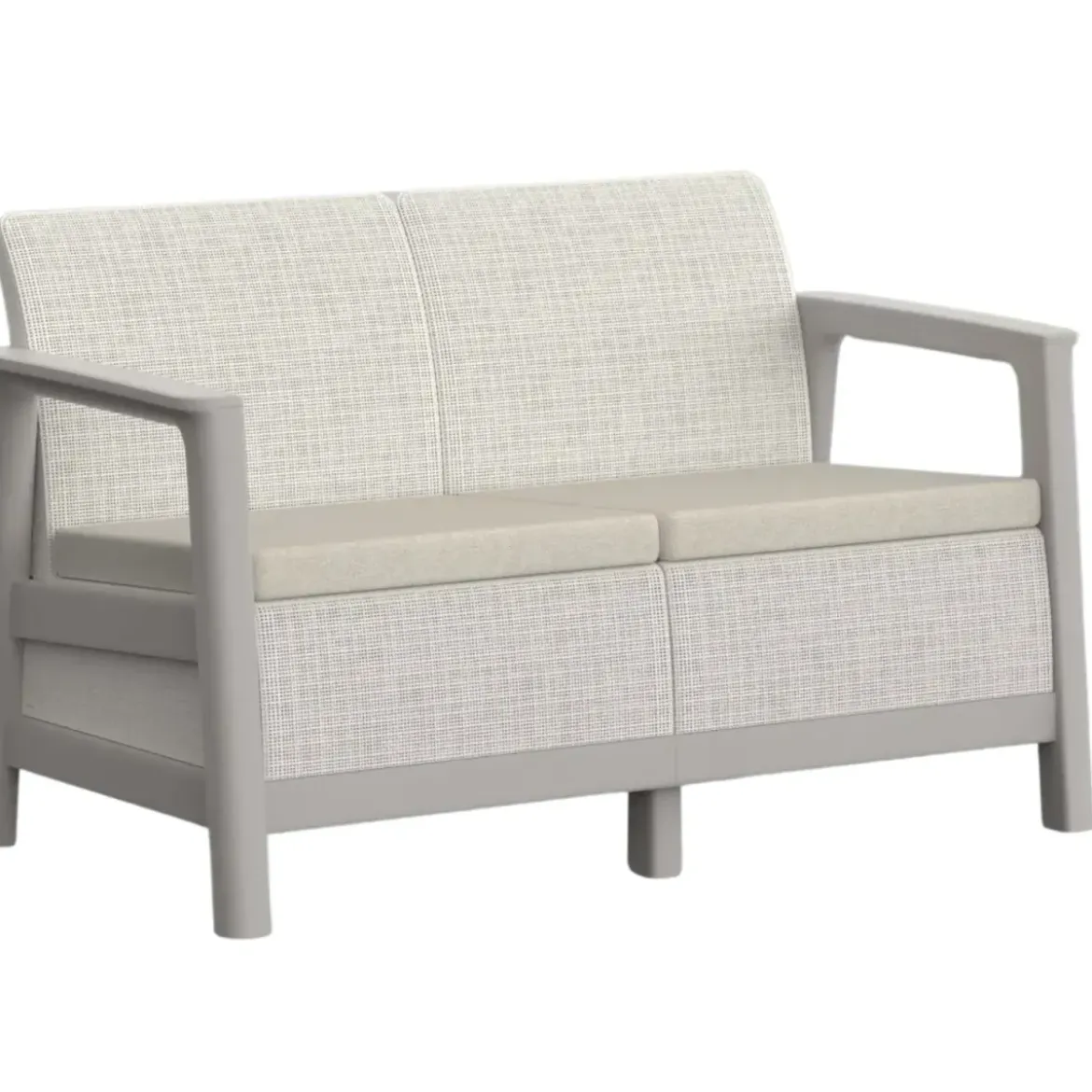 Salotto da Giardino Divano Poltrone Tavolo Contenitore Beige Cuscini