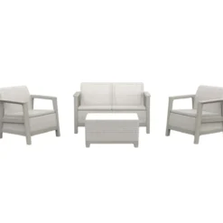Salotto da Giardino Divano Poltrone Tavolo Contenitore Beige Cuscini