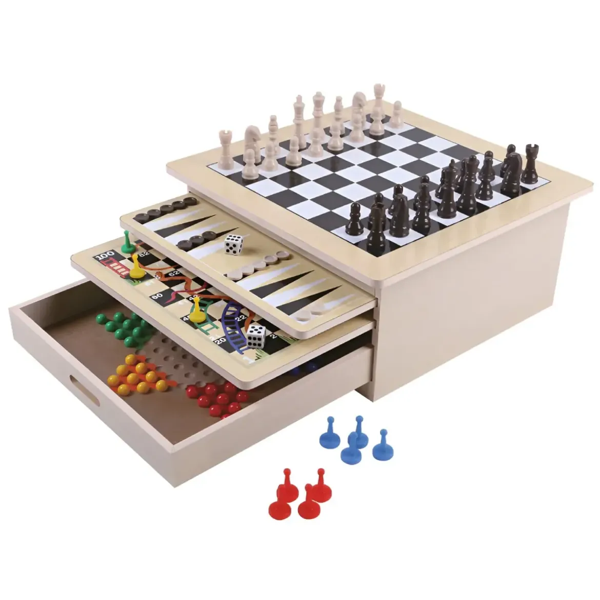 Scacchiera Multigioco 10 in 1 in Legno con Cassettiera Portapedine