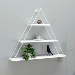 Scaffale a Muro con 3 Ripiani Triangolare Mensola Acciaio e Legno Bianco