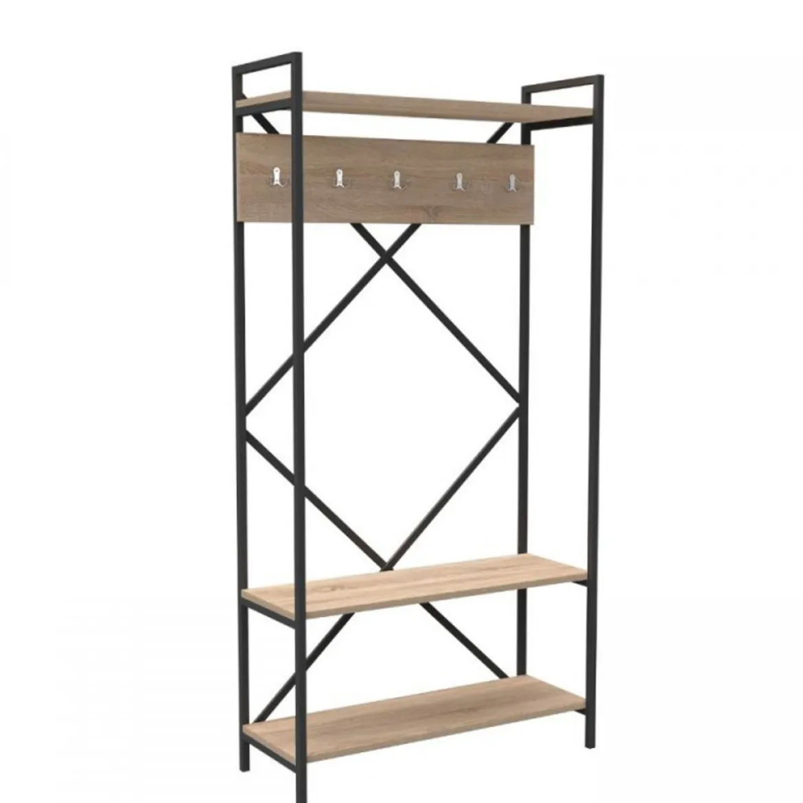 Scaffale per Ingresso Metallo e Legno Rovere Moderno Appendiabiti Ganci
