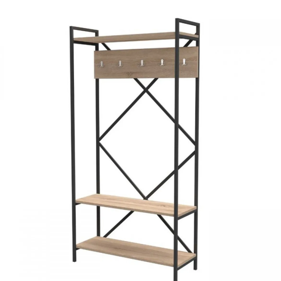 Scaffale per Ingresso Metallo e Legno Rovere Moderno Appendiabiti Ganci