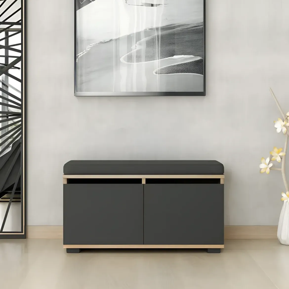 Scarpiera 2 Ante a Ribalta Pouf Contenitore Noce Nero 80x35x42 cm