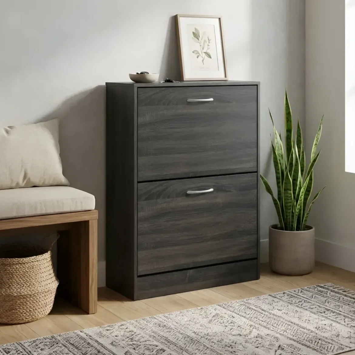 Scarpiera 2 Ante a Ribalta Slim Salvaspazio Legno Grigio Scuro Moderno