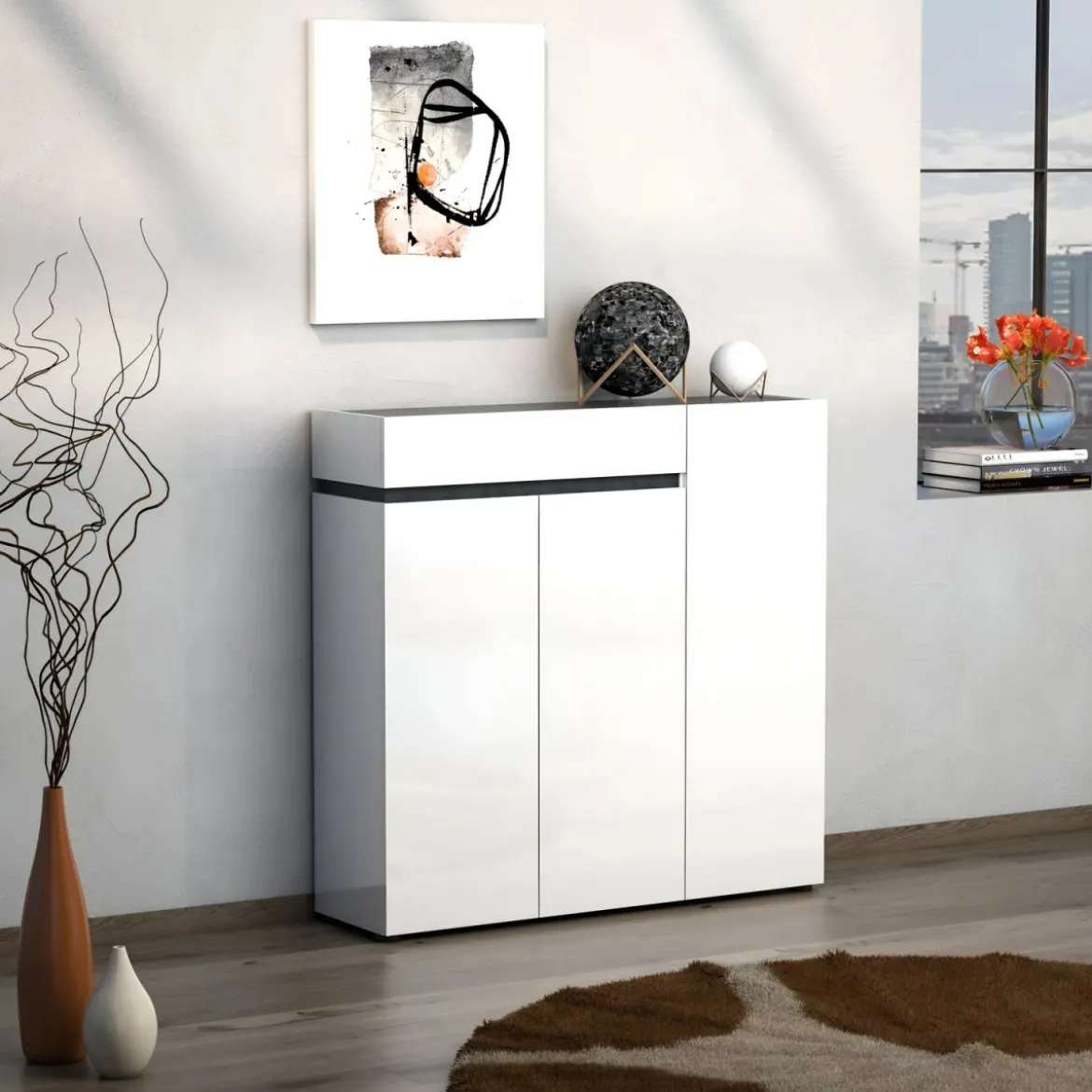 Scarpiera 3 Ante 120x34x115 cm Bianca con Cassetto Soft-Close