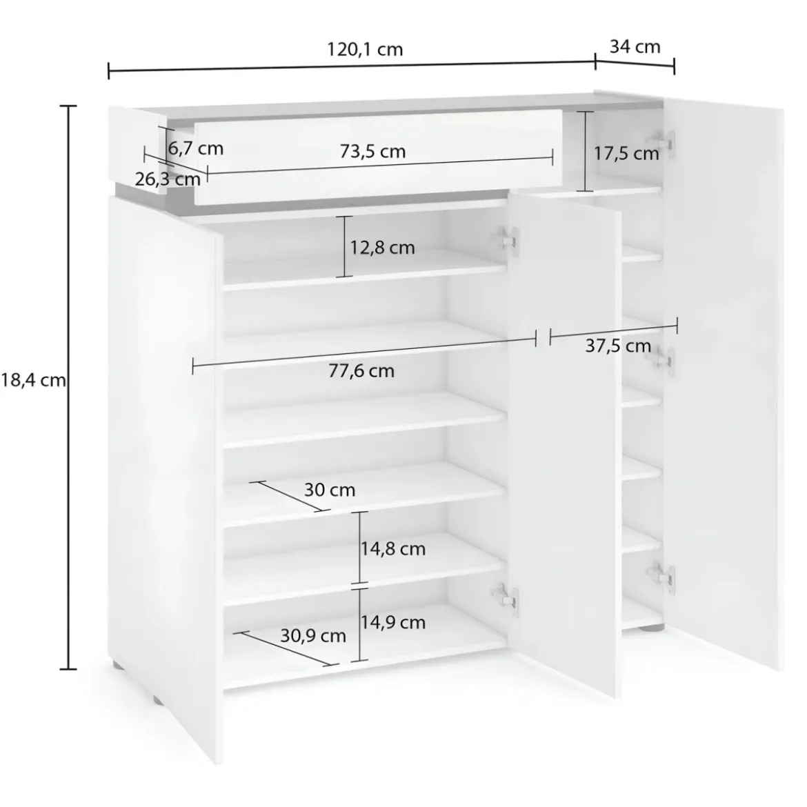 Scarpiera 3 Ante 120x34x115 cm Bianca con Cassetto Soft-Close