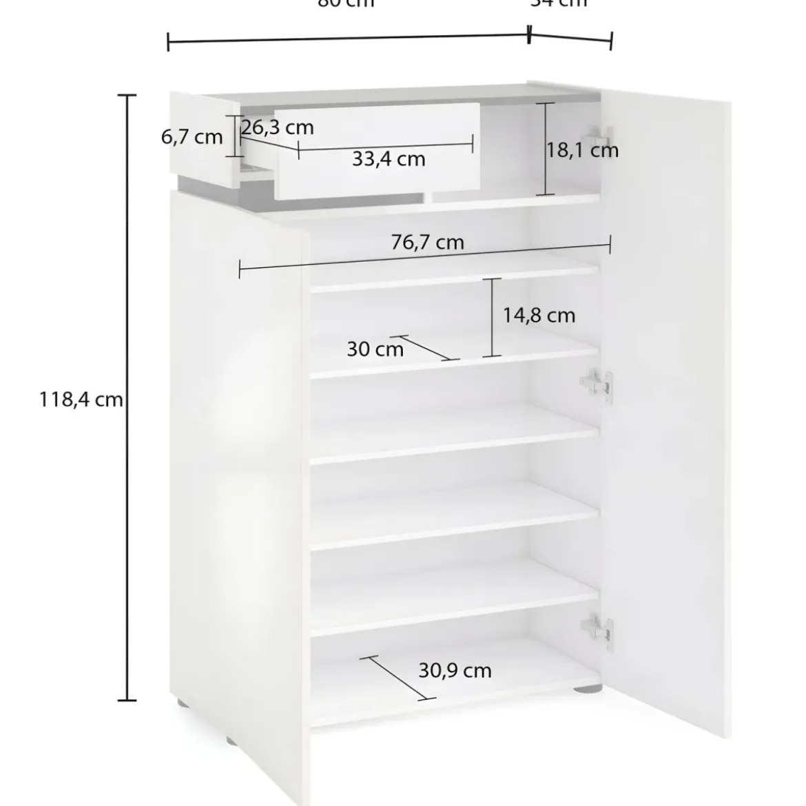 Scarpiera Bianca 80x34x115 cm 2 Ante e Cassetto Soft-Close