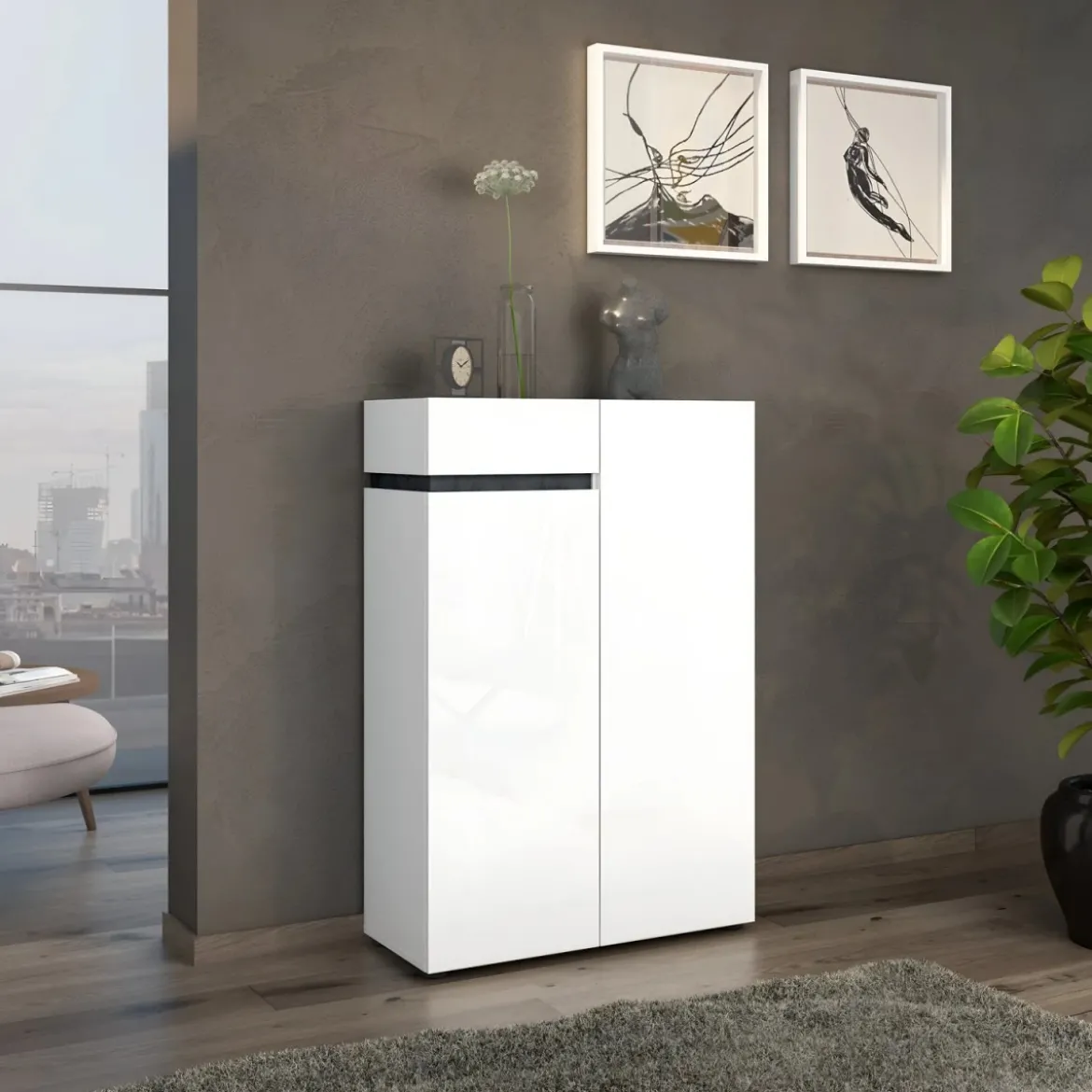 Scarpiera Bianca 80x34x115 cm 2 Ante e Cassetto Soft-Close