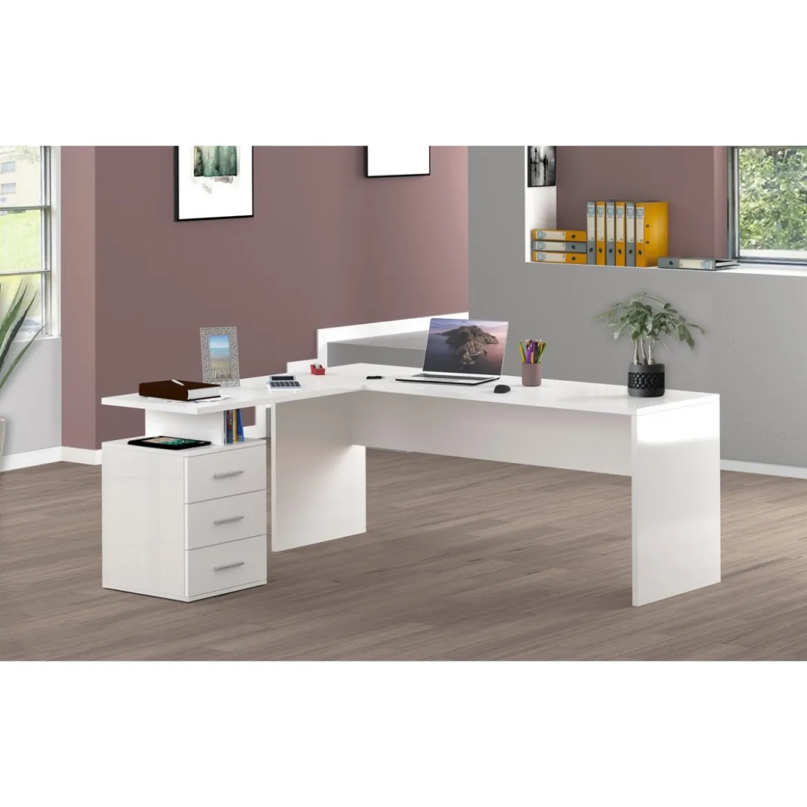 Scrivania Angolare Cassettiera Bianco Moderno Grande da Ufficio Cameretta