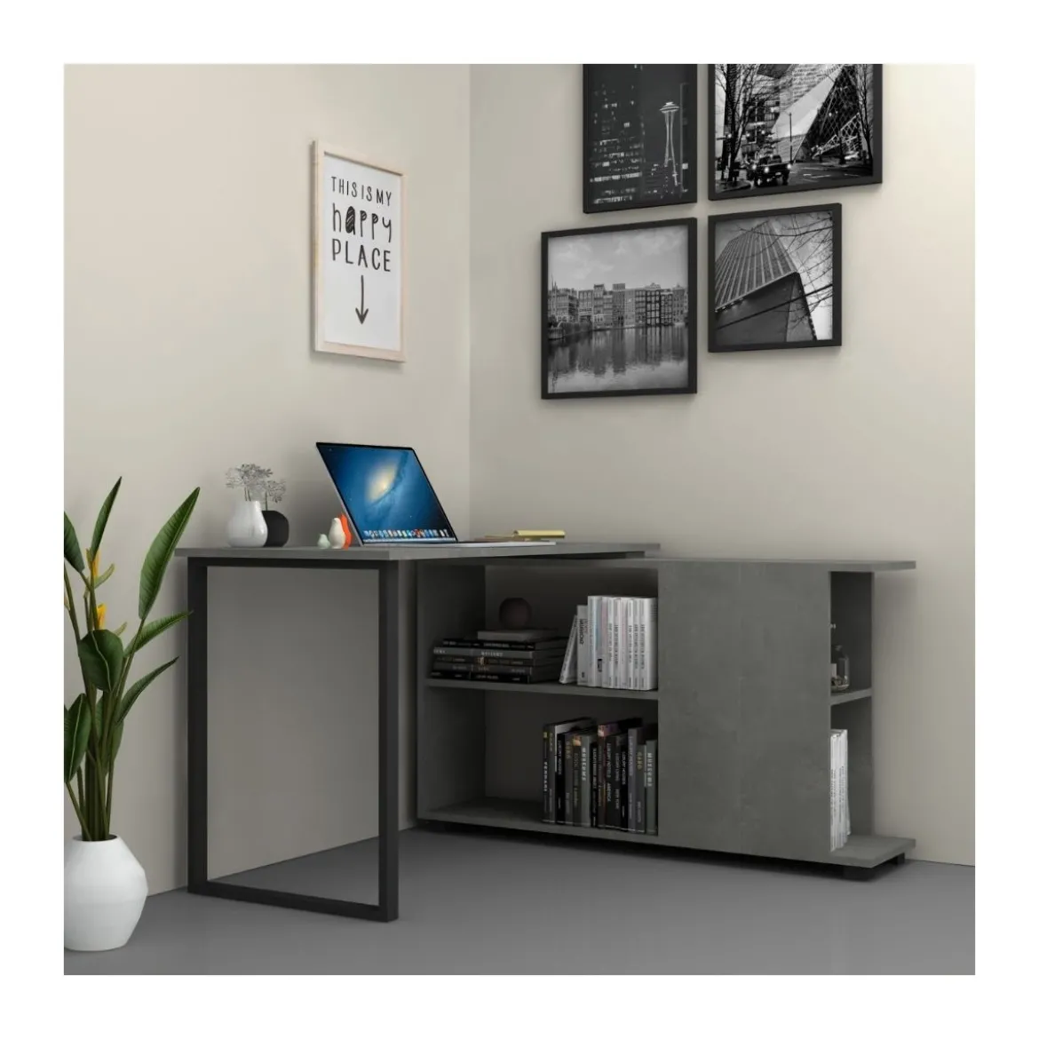 Scrivania Cemento Angolare 120x60 cm con Libreria Reversibile