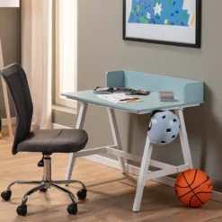 Scrivania Regolabile per Bambini 80x60 cm Bianco Azzurro Metallo MDF