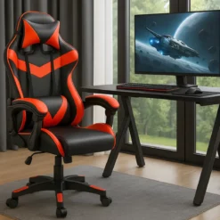 Sedia da Gaming in PVC con Imbottitura Nero e Rosso Reclinabile Girevole
