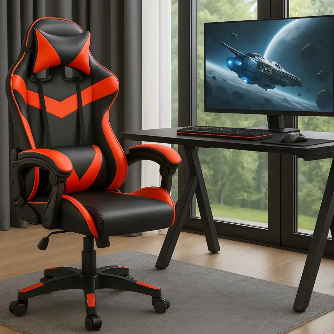 Sedia da Gaming in PVC con Imbottitura Nero e Rosso Reclinabile Girevole