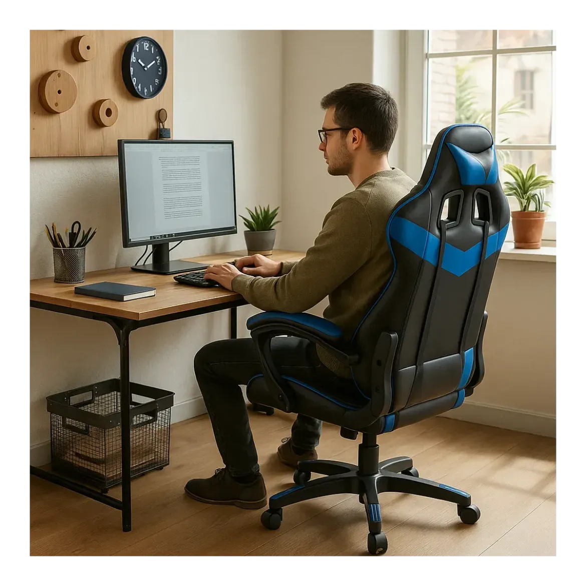Sedia da Gaming in PVC con Imbottitura Nero e Blu Reclinabile Girevole