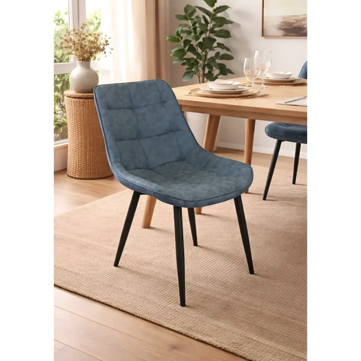 Sedia Imbottita Sala da Pranzo Seduta Ecopelle Blu Moderna Gambe Nere