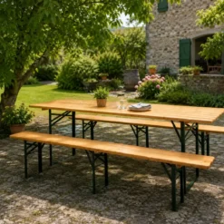 Set Birreria 220x80 in Legno Richiudibile con Tavolo 2 Panche a 3 Gambe