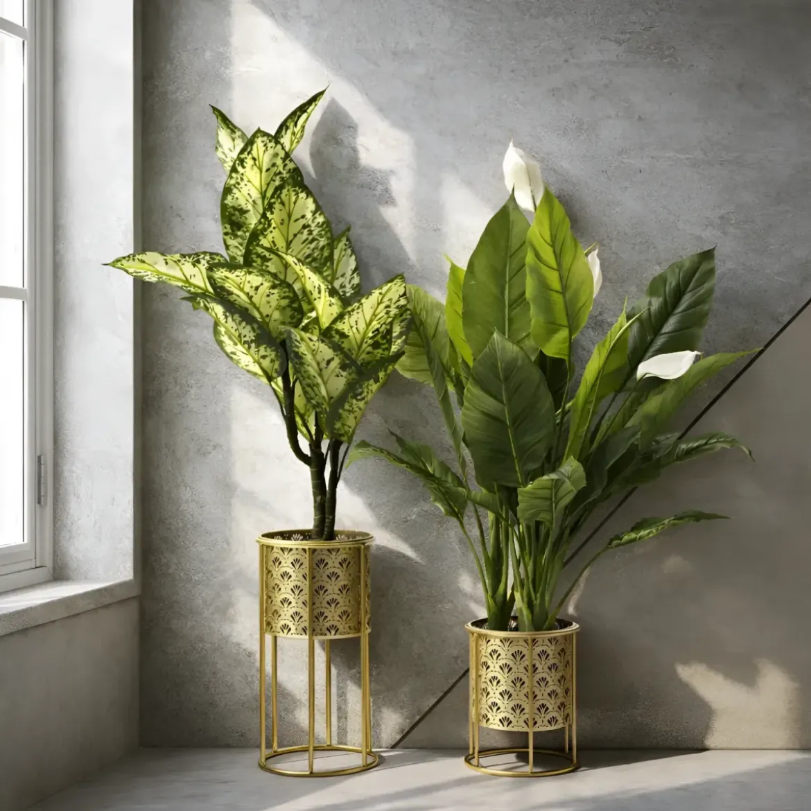 Set 2 Colonne Portavaso da Pavimento in Metallo Oro da Interno Moderno