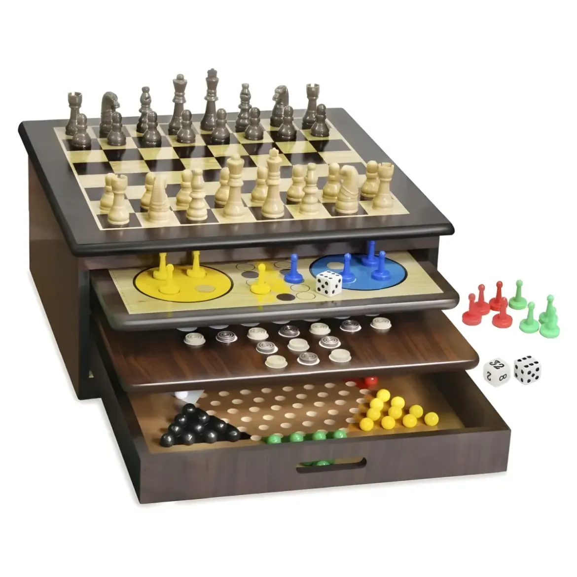 Set Giochi da Tavolo in Legno per Famiglia Vassoi Estraibili Accessori Inclusi
