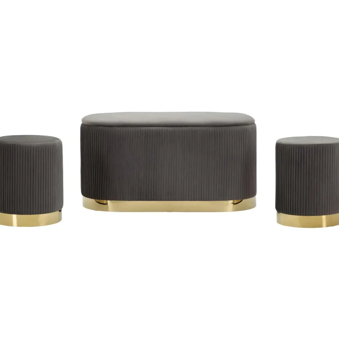 Set Panca Contenitore con 2 Pouf in Velluto Grigio Oro Camera Salotto