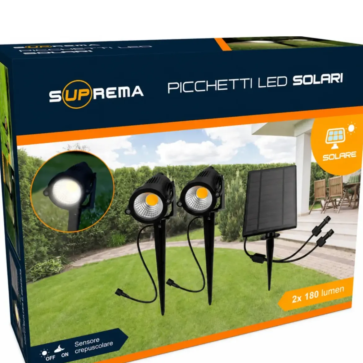 Set 2 Picchetti Luce Solare LED 3W Sensore Crepuscolare Orientabile
