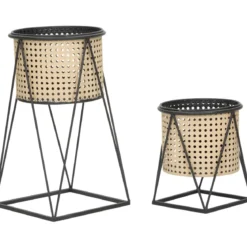Set 2 Portavasi da Pavimento Metallo Beige Nero Piedistallo Removibile
