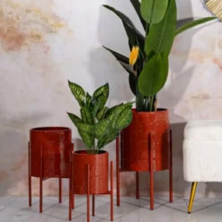 Set 3 Portavasi in Metallo Rosso 36-30-24 cm da Interno Porta Piante