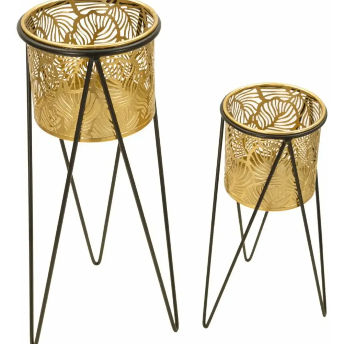 Set 2 Portavasi Metallo Nero Oro a Foglia 46 e 32 cm Vasi Rimovibili