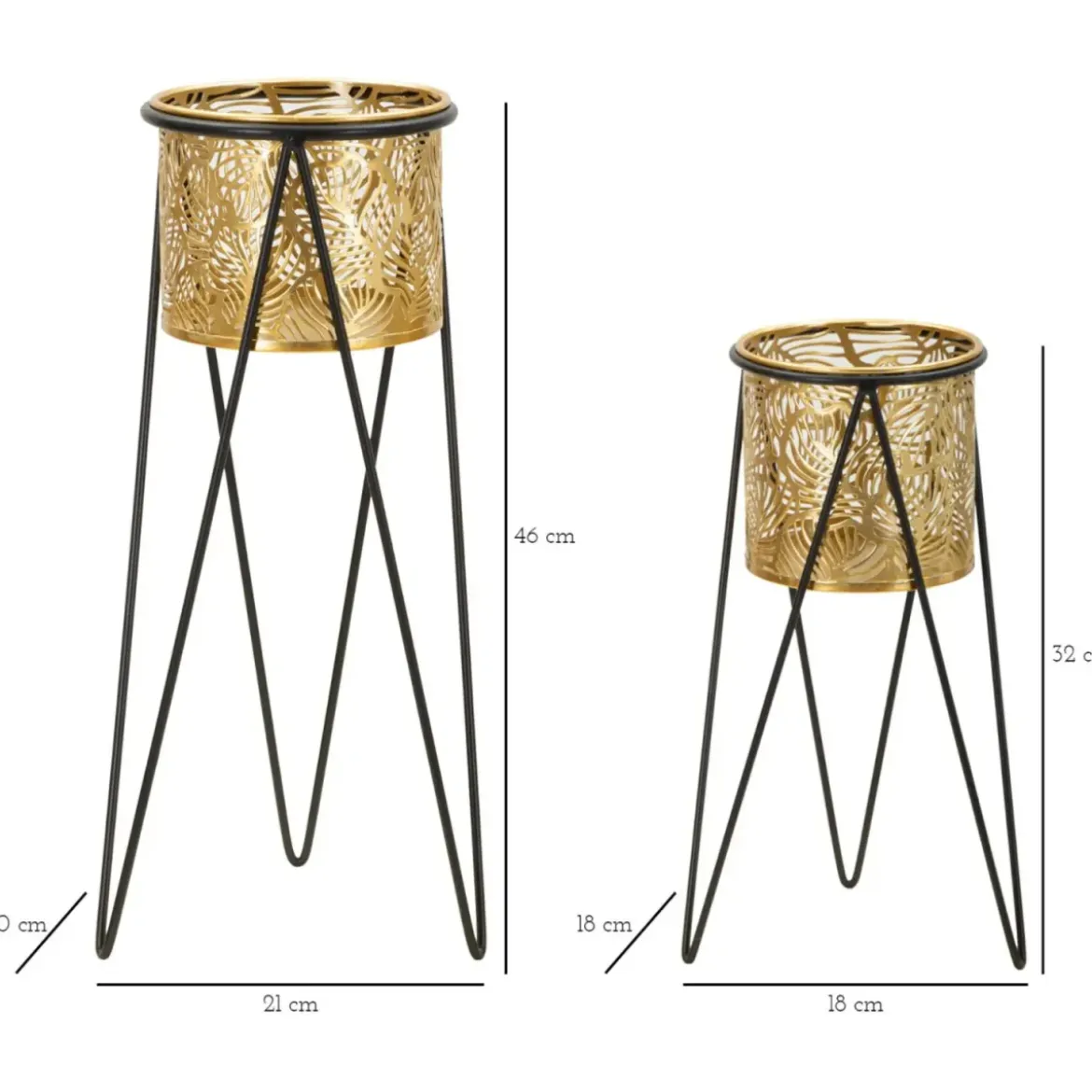 Set 2 Portavasi Metallo Nero Oro a Foglia 46 e 32 cm Vasi Rimovibili