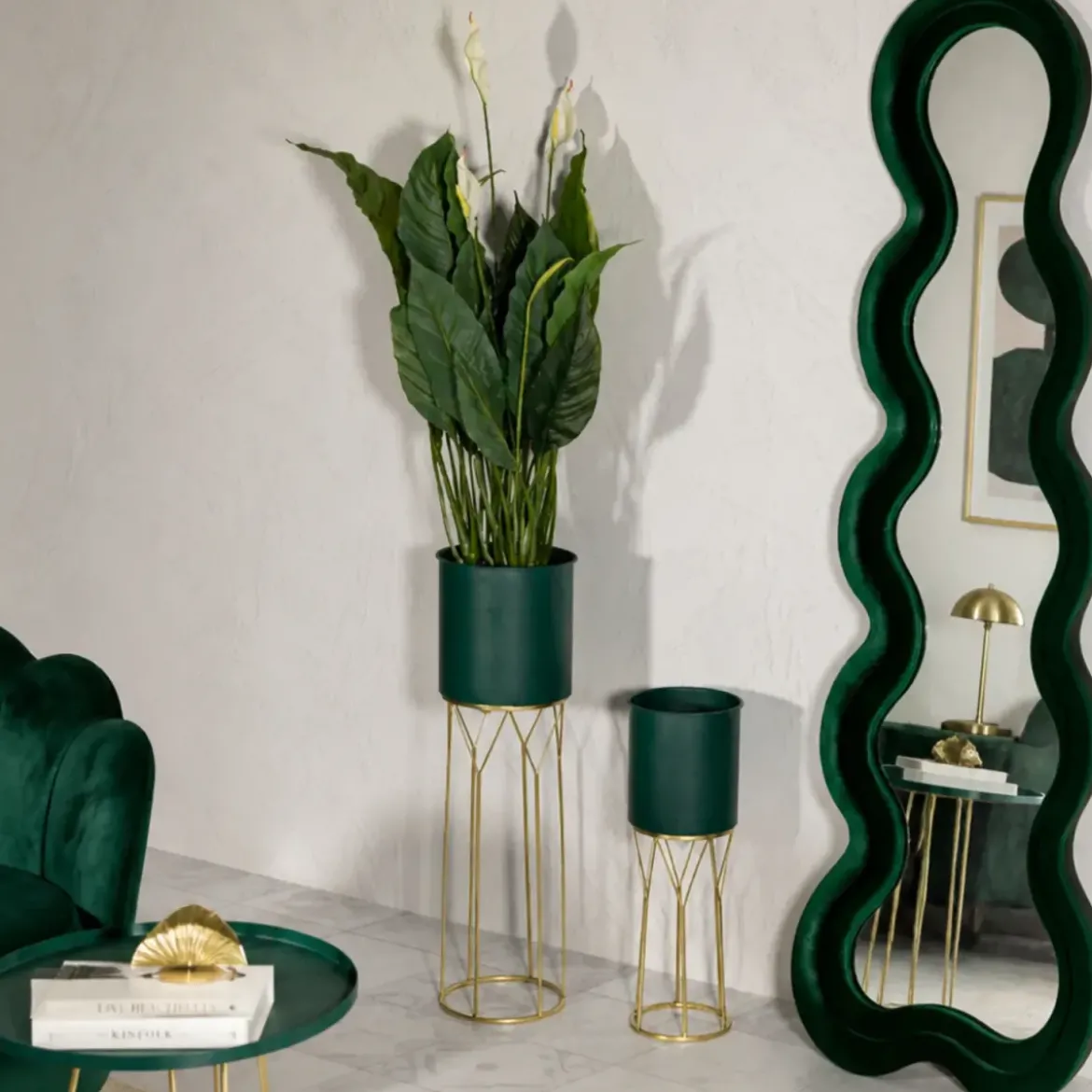 Set 2 Portavasi Metallo Verde Oro 23-19 cm Coppa Interna Portapiante