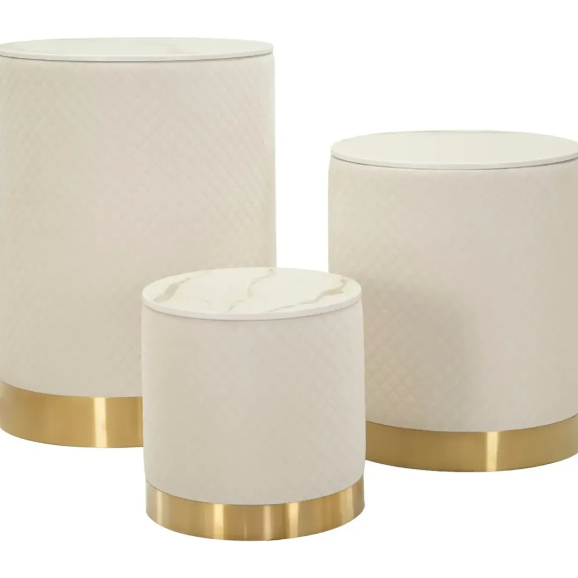 Set 3 Pouf Contenitori Crema Oro Legno Metallo da Interno Espositori