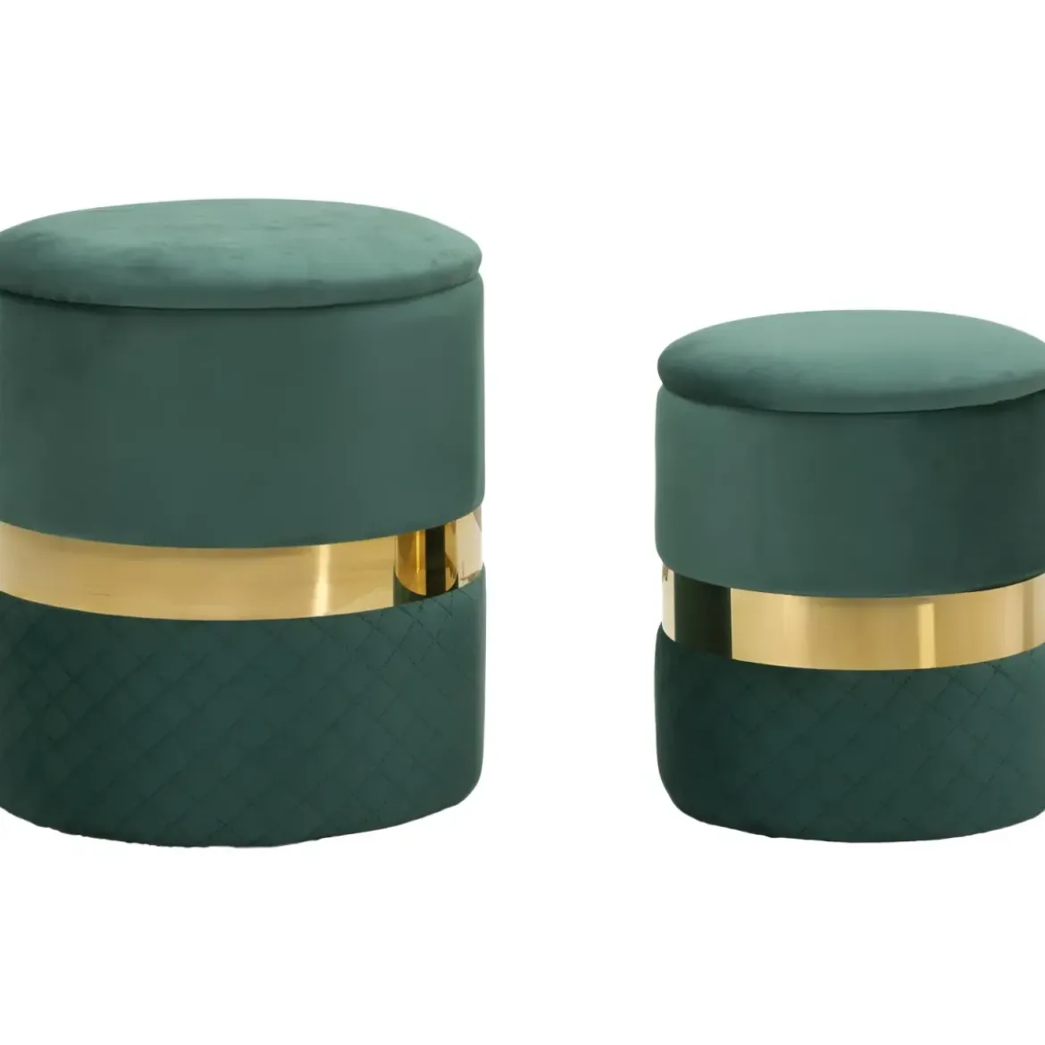 Set 2 Pouf Contenitori in Tessuto Verde Oro Salvaspazio Salotto Camera