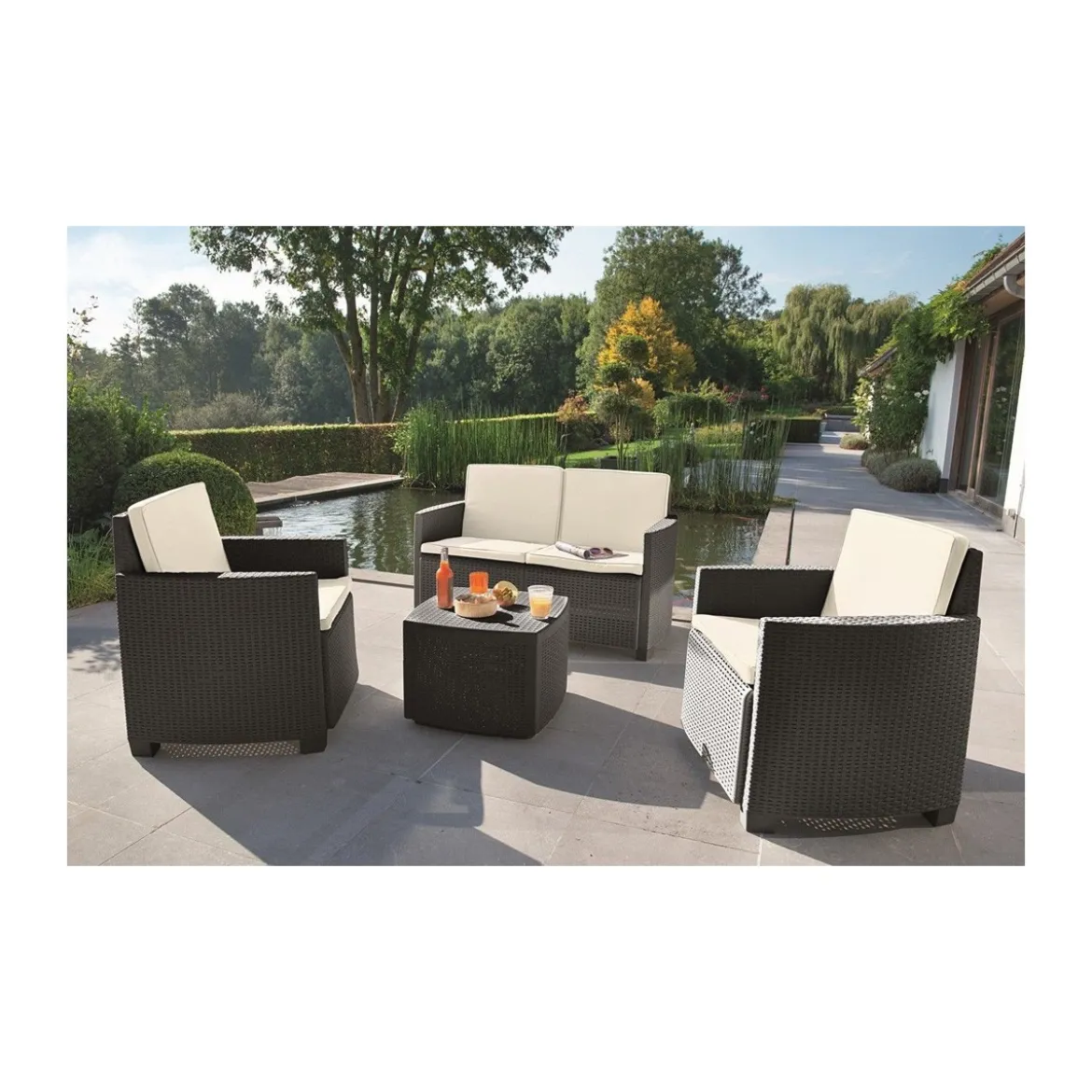 Set Salotto Resina Effetto Polirattan Divano Poltrone Tavolino Giardino Esterno