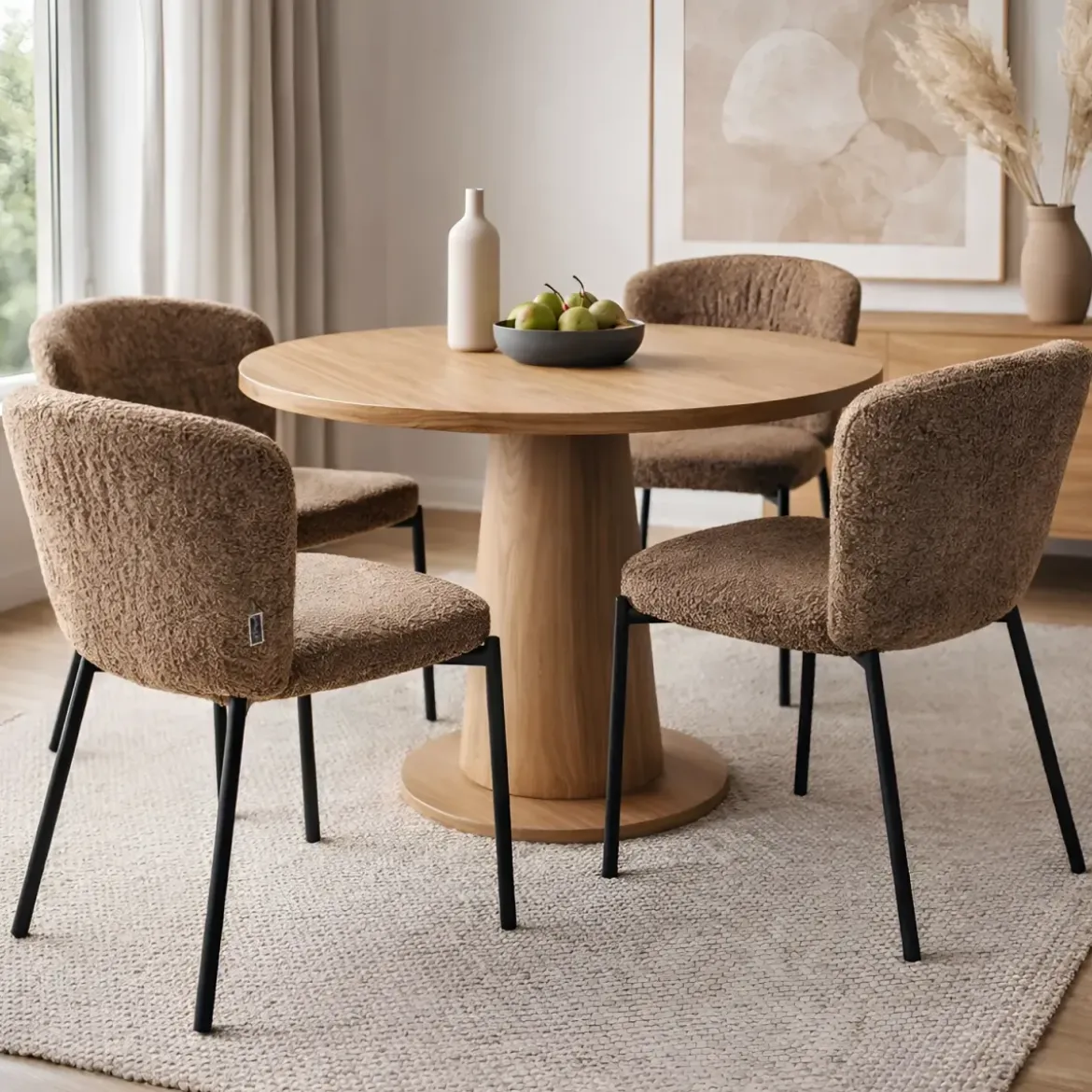 Set 4 Sedie da Pranzo Imbottite in Tessuto Teddy Tortora con Gambe Nere