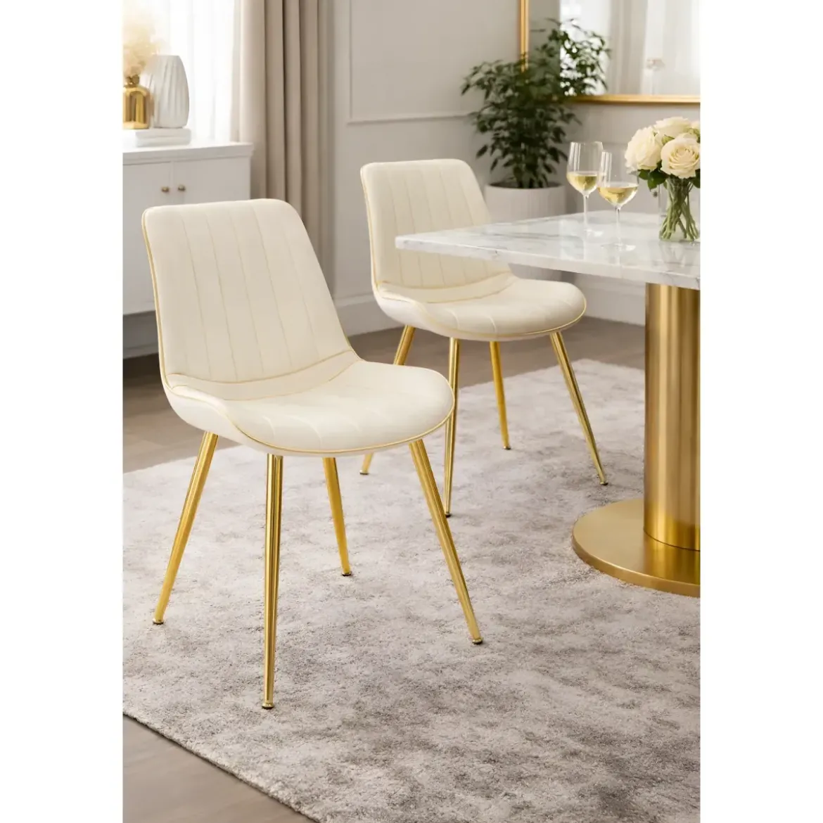 Set 2 Sedie da Pranzo Imbottite Tessuto Crema Finiture Oro Metallo