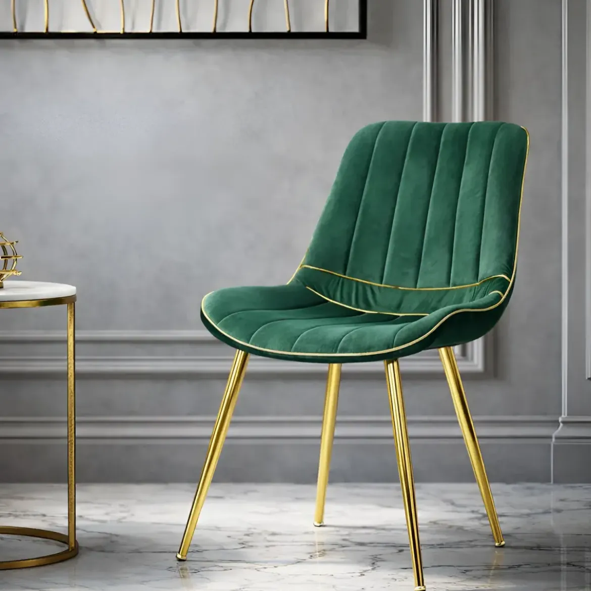 Set 2 Sedie da Pranzo Imbottite Verde Dettagli Oro per Soggiorno Cucina