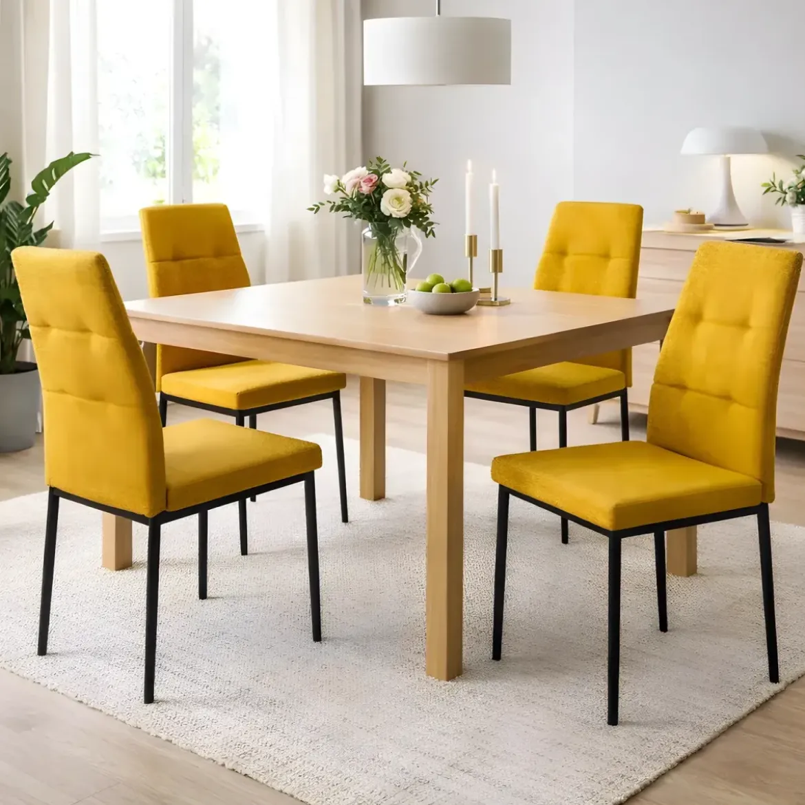 Set 4 Sedie da Pranzo in Tessuto Senape Gambe in Metallo